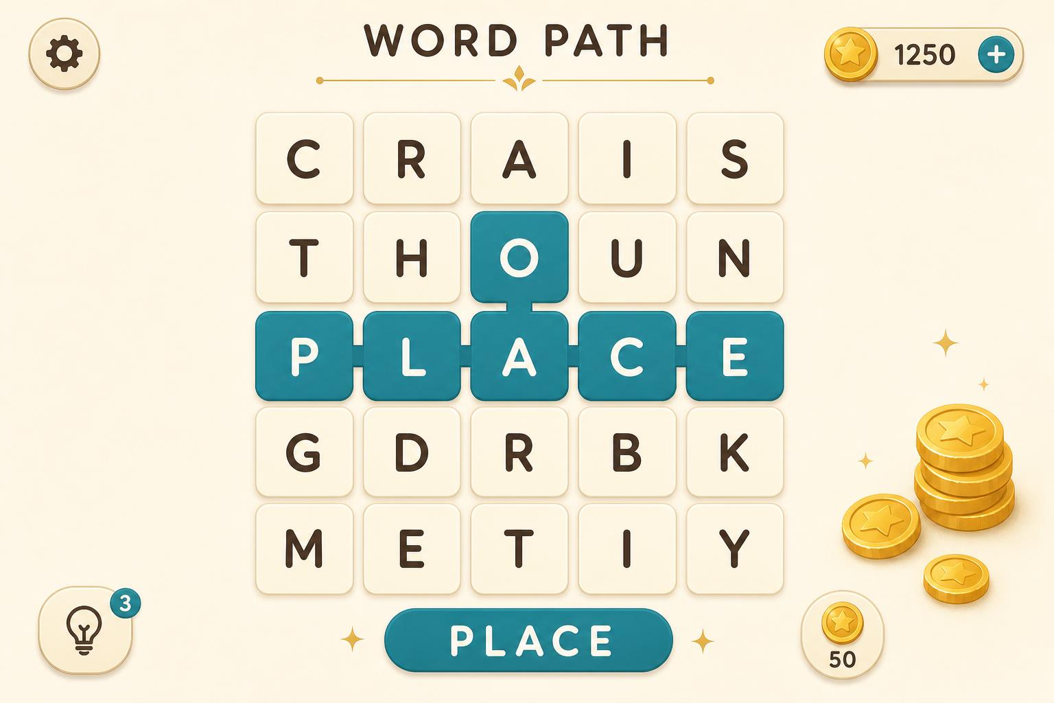 Word Explorer puzzle screen showing a letter tile grid with a found word highlighted in teal.